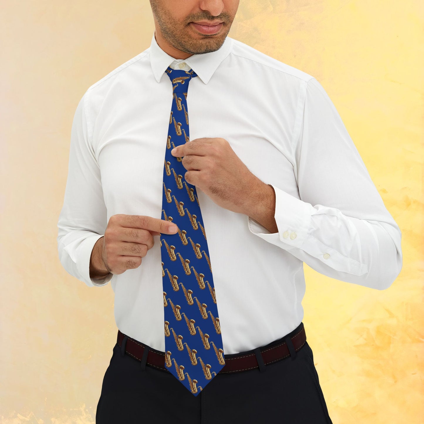 š· Saxophone Pattern Necktie ā Blue Jazz Edition