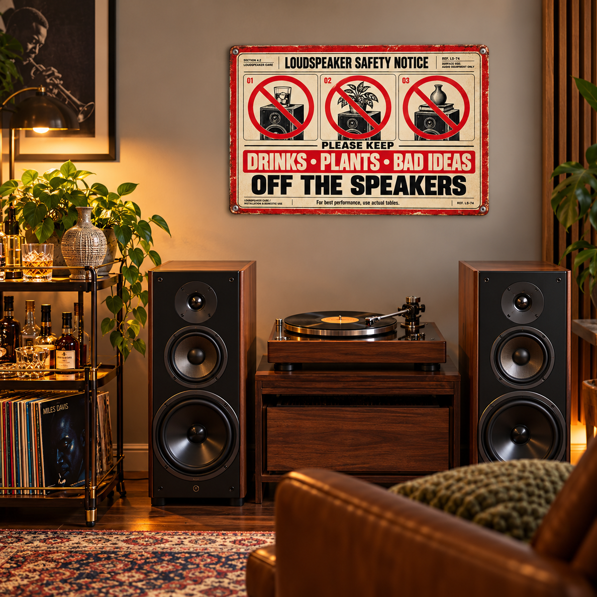 Keep Drinks, Plants & Bad Ideas Off the Speakers — Metal Sign
