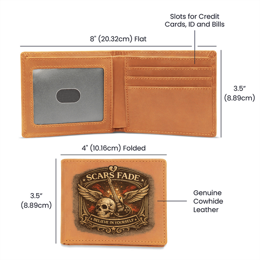 Scars Fade Leather Wallet for Him – Guitar Skull Rock Gift