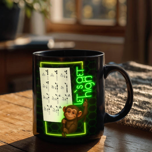 Neon Saxophone & Altissimo Finger-Chart Mug – Color-Changing Sax Coffee Mug, ‘Let's Get High' Monkey 11 oz / 15 oz