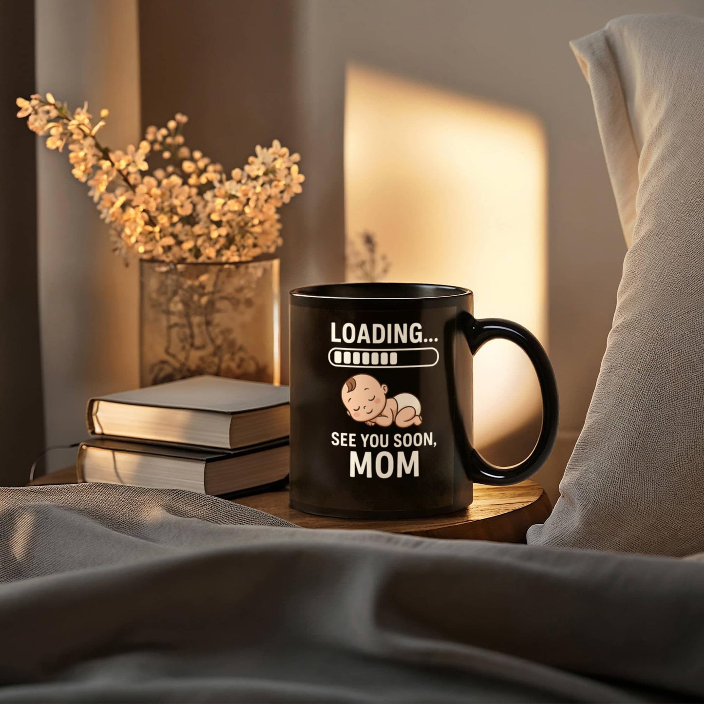 Loading… See You Soon, Mom – Pregnancy Reveal Black Mug
