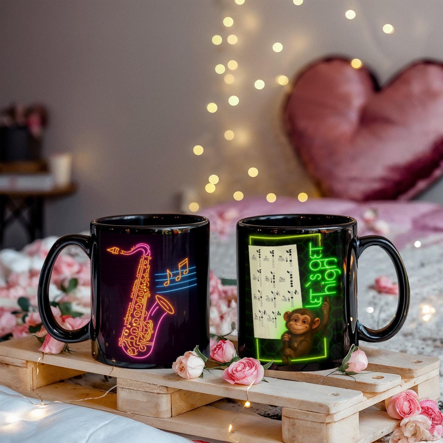 Neon Saxophone & Altissimo Finger-Chart Mug – Color-Changing Sax Coffee Mug, ‘Let's Get High' Monkey 11 oz / 15 oz
