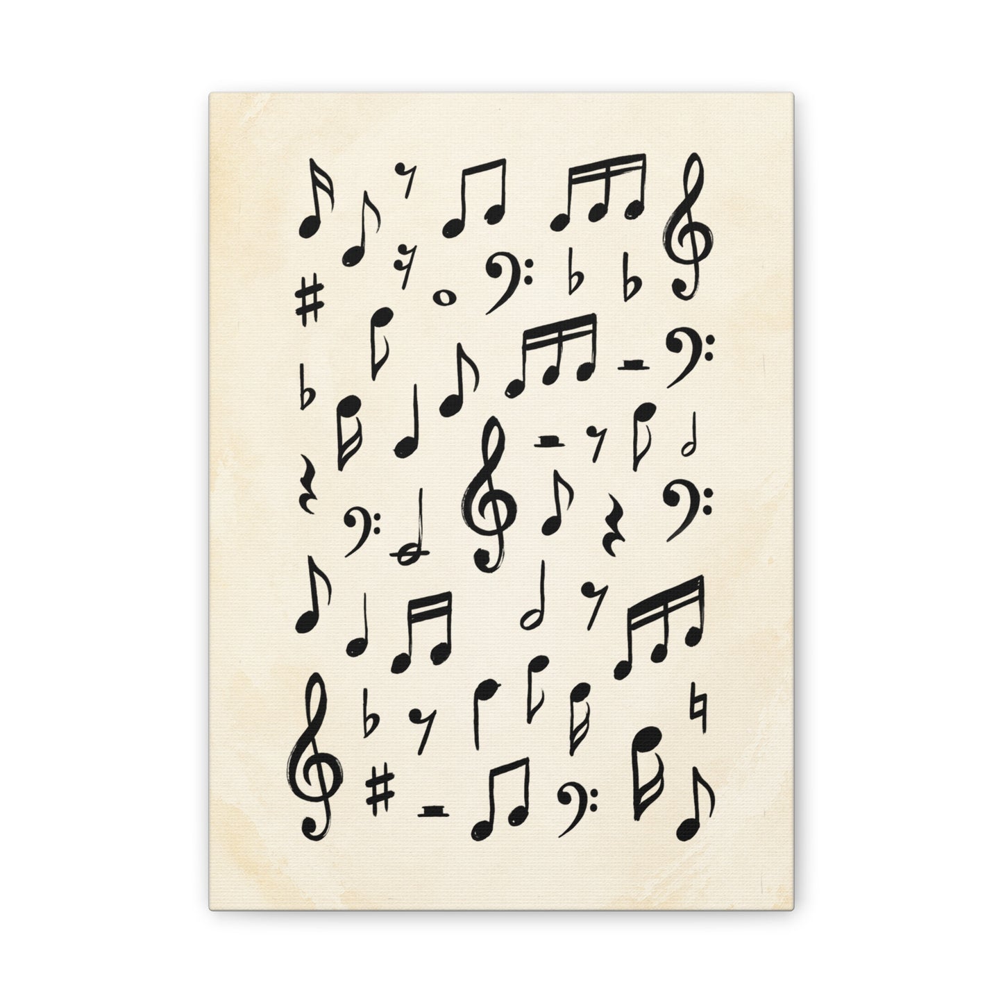 Music notes and clefs canvas wall art with hand-drawn black musical symbols on a vintage cream background