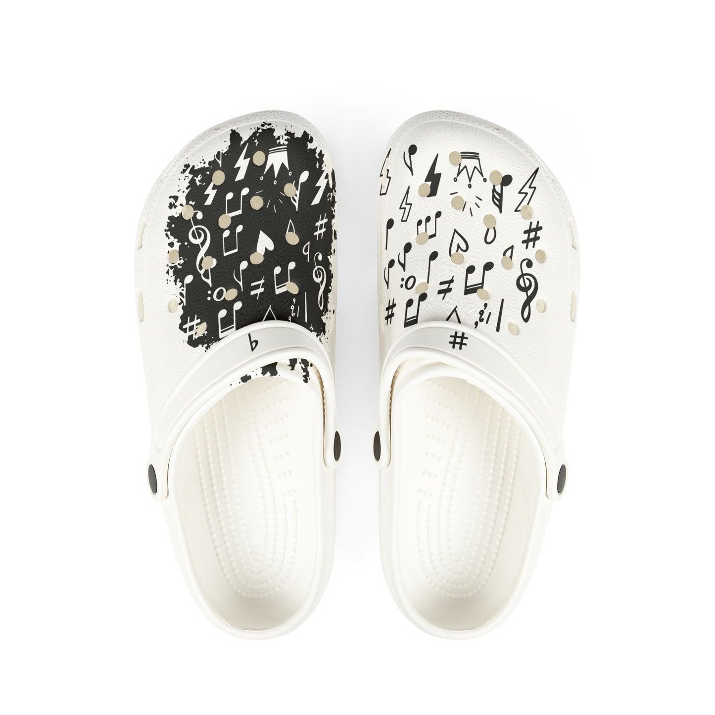 White EVA music clogs with black musical notes, clefs and symbols in contrasting all-over designs for music lovers.