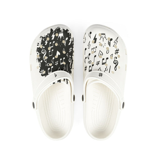 White EVA music clogs with black musical notes, clefs and symbols in contrasting all-over designs for music lovers.