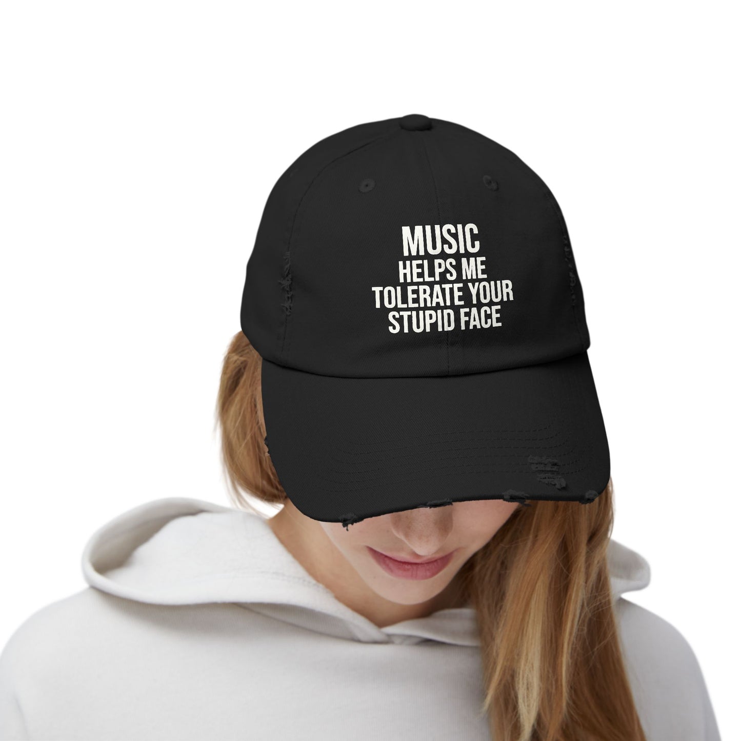 Music Helps Me Tolerate Your Stupid Face Distressed Dad Cap
