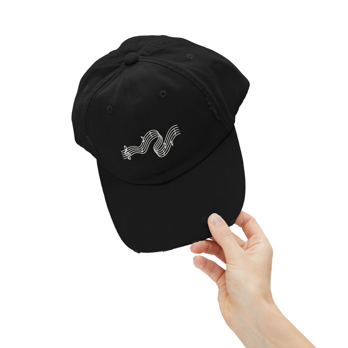 Distressed Black Cap with White Music Note Wave Embroidery