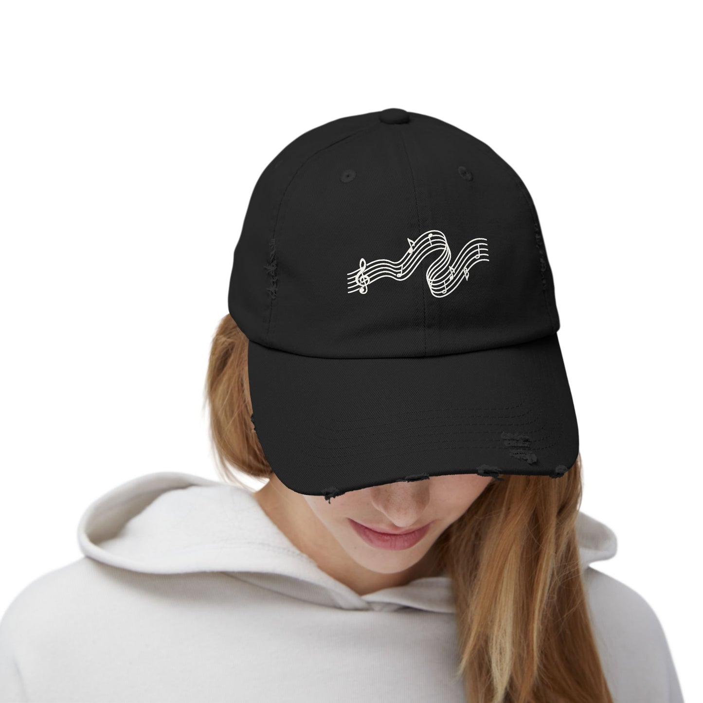 Distressed Black Cap with White Music Note Wave Embroidery