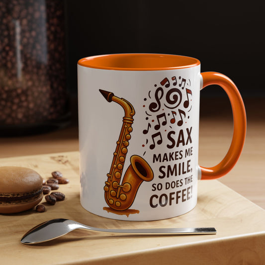 Sax Makes Me Smile, So Does The Coffee – Funny Saxophone Mug for Jazz Lovers & Musicians