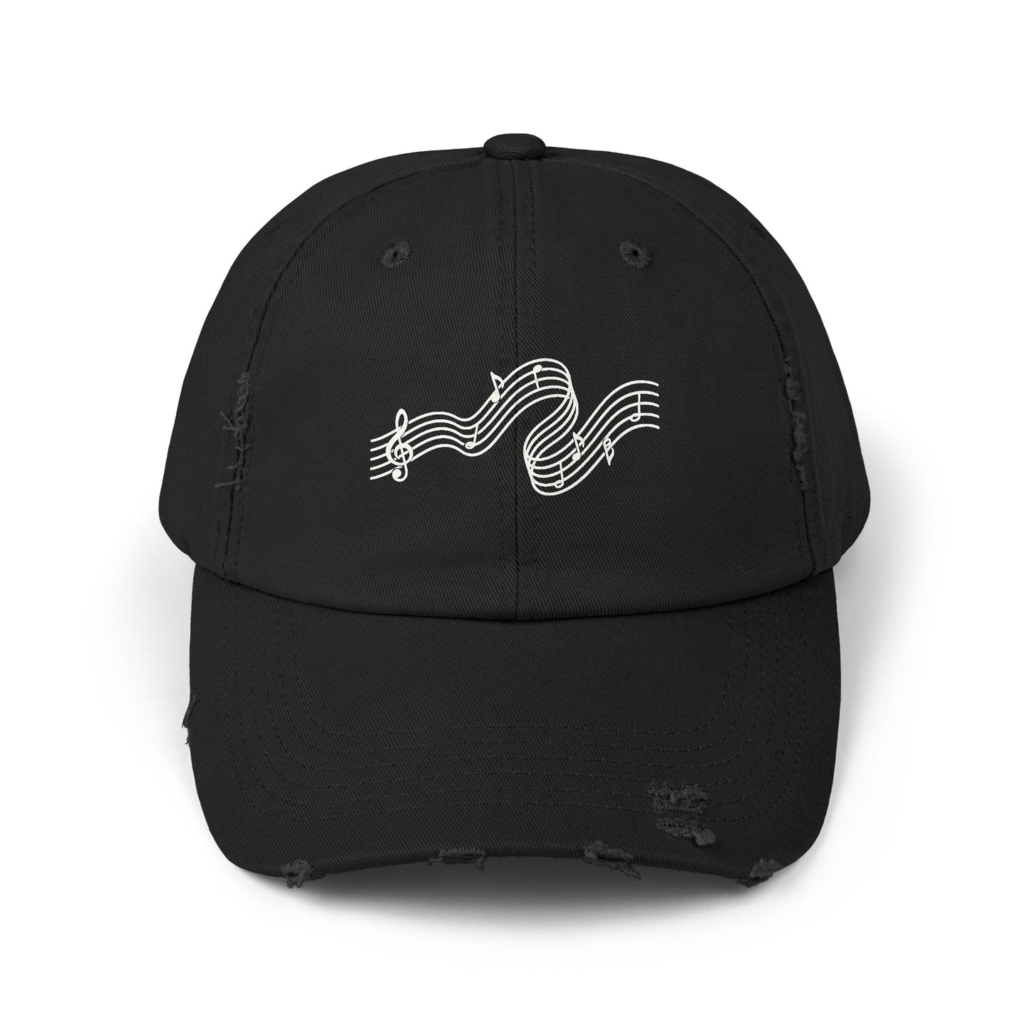 Distressed Black Cap with White Music Note Wave Embroidery