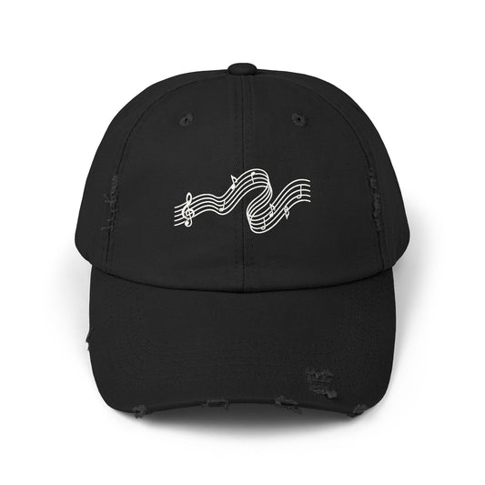 Black distressed dad cap with white flowing musical staff, treble clef, and music notes printed across the front.