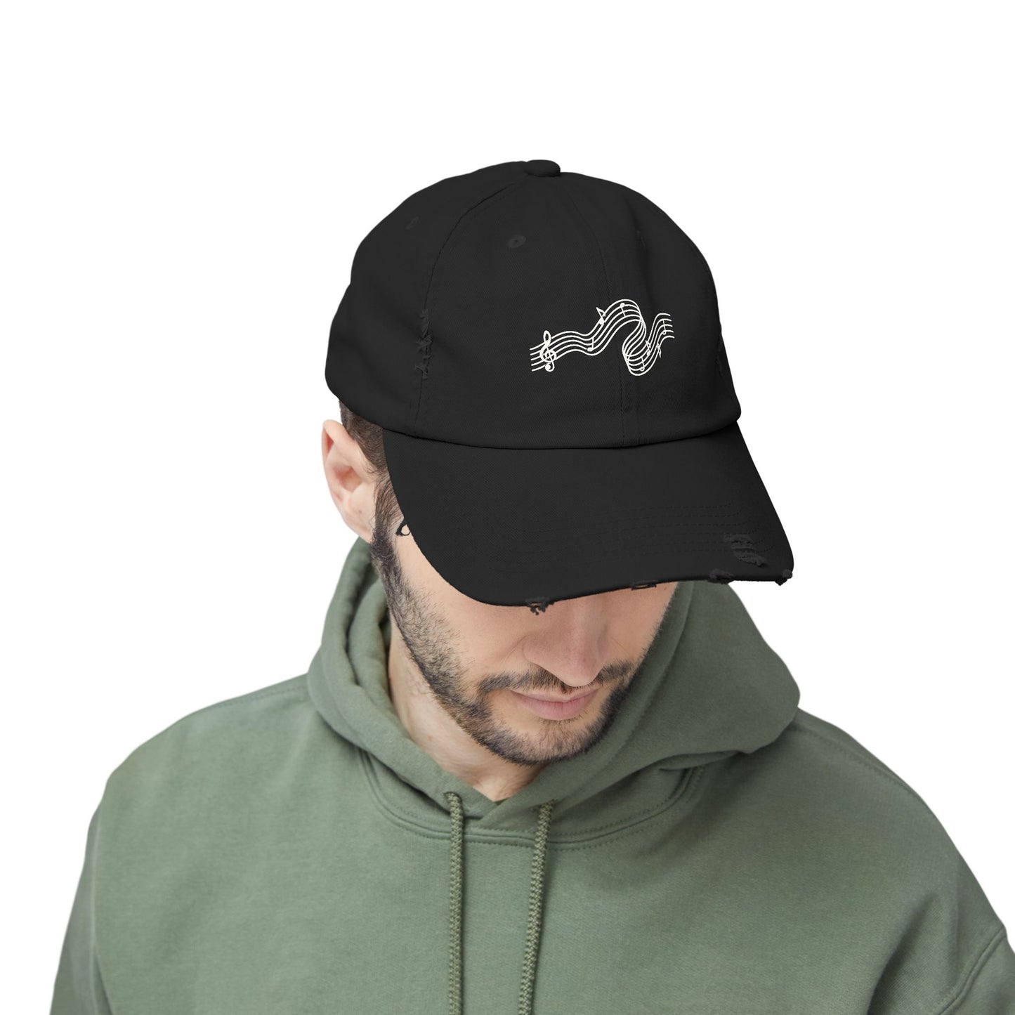 Distressed Black Cap with White Music Note Wave Embroidery