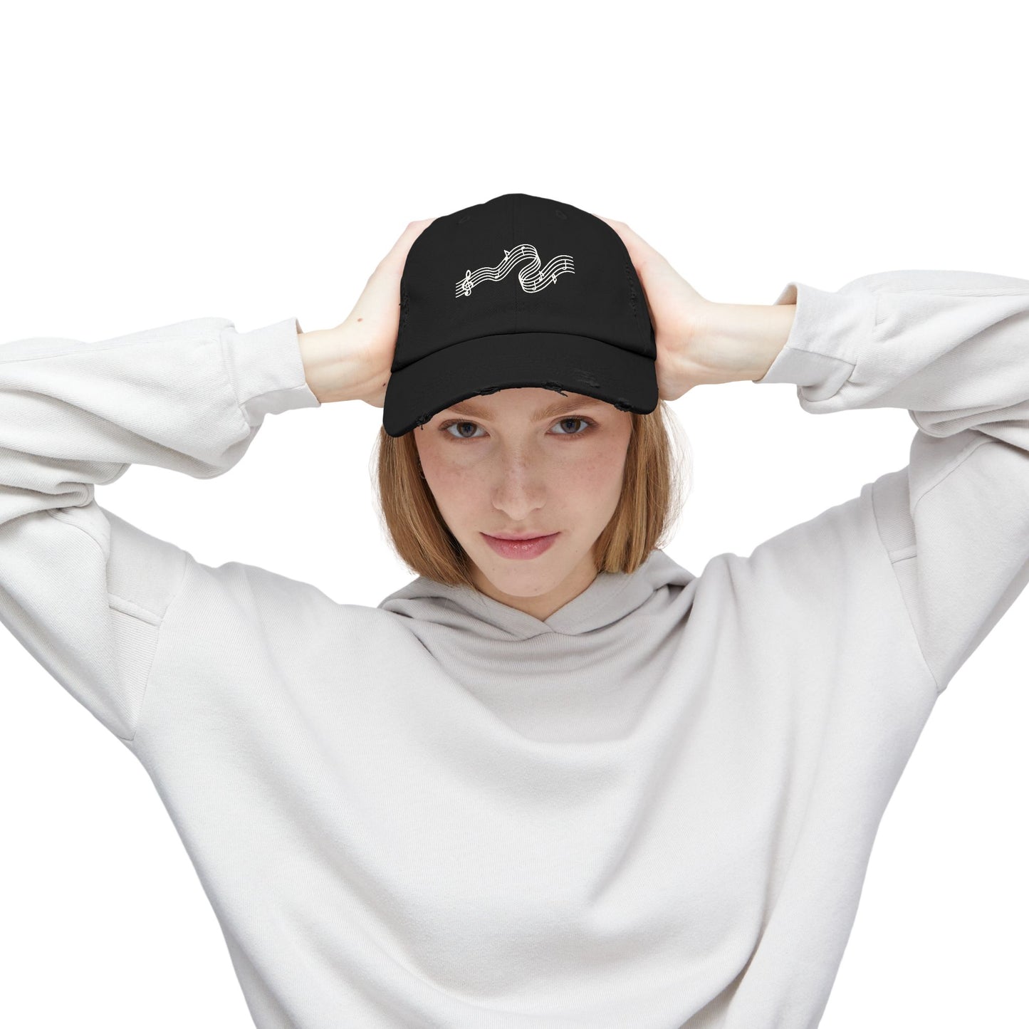 Distressed Black Cap with White Music Note Wave Embroidery