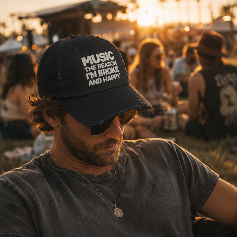 Music The Reason I'm Broke And Happy Distressed Dad Hat