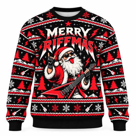 A long-sleeve crewneck sweater featuring a black, red, and white holiday graphic with the text 'MERRY RIFFMAS' and an illustration of a Santa Claus playing a red electric guitar, set against a plain white background.