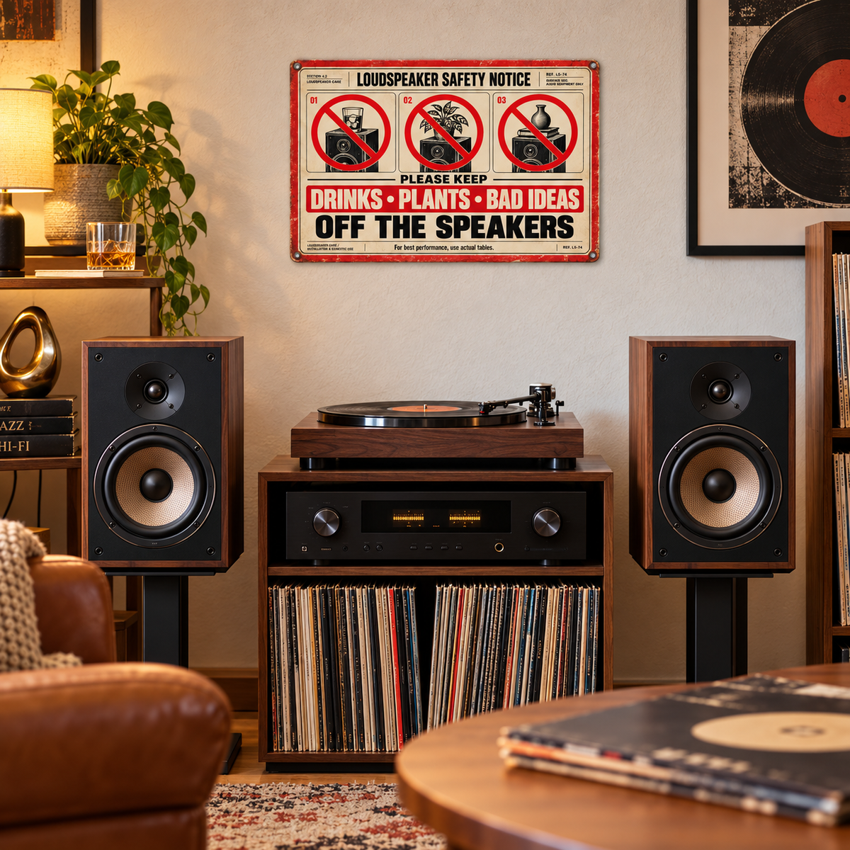 Keep Drinks, Plants & Bad Ideas Off the Speakers — Metal Sign