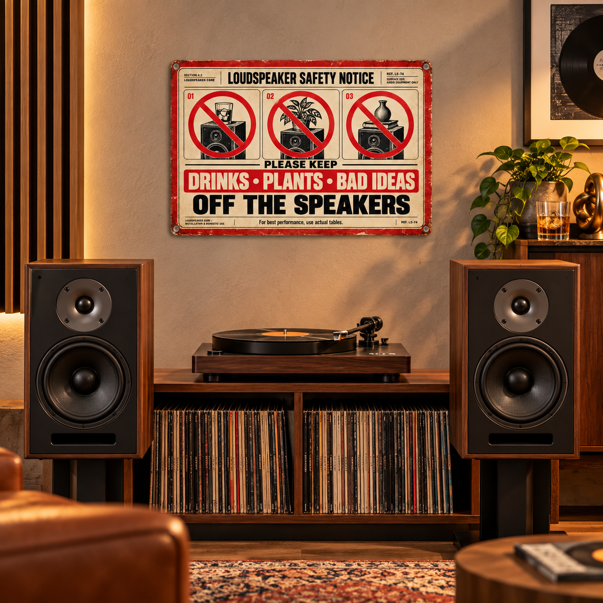 Keep Drinks, Plants & Bad Ideas Off the Speakers — Metal Sign