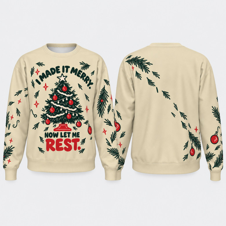 A cream-colored crewneck sweatshirt shown from both the front and back. The front features a large Christmas tree graphic with red ornaments and the text 'I MADE IT MERRY.