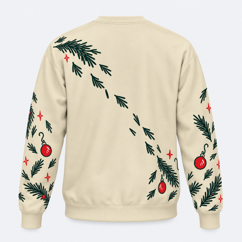 A cream-colored crewneck sweatshirt shown from the back, decorated with green pine branch patterns, small red stars, and red Christmas ornaments on both sleeves.