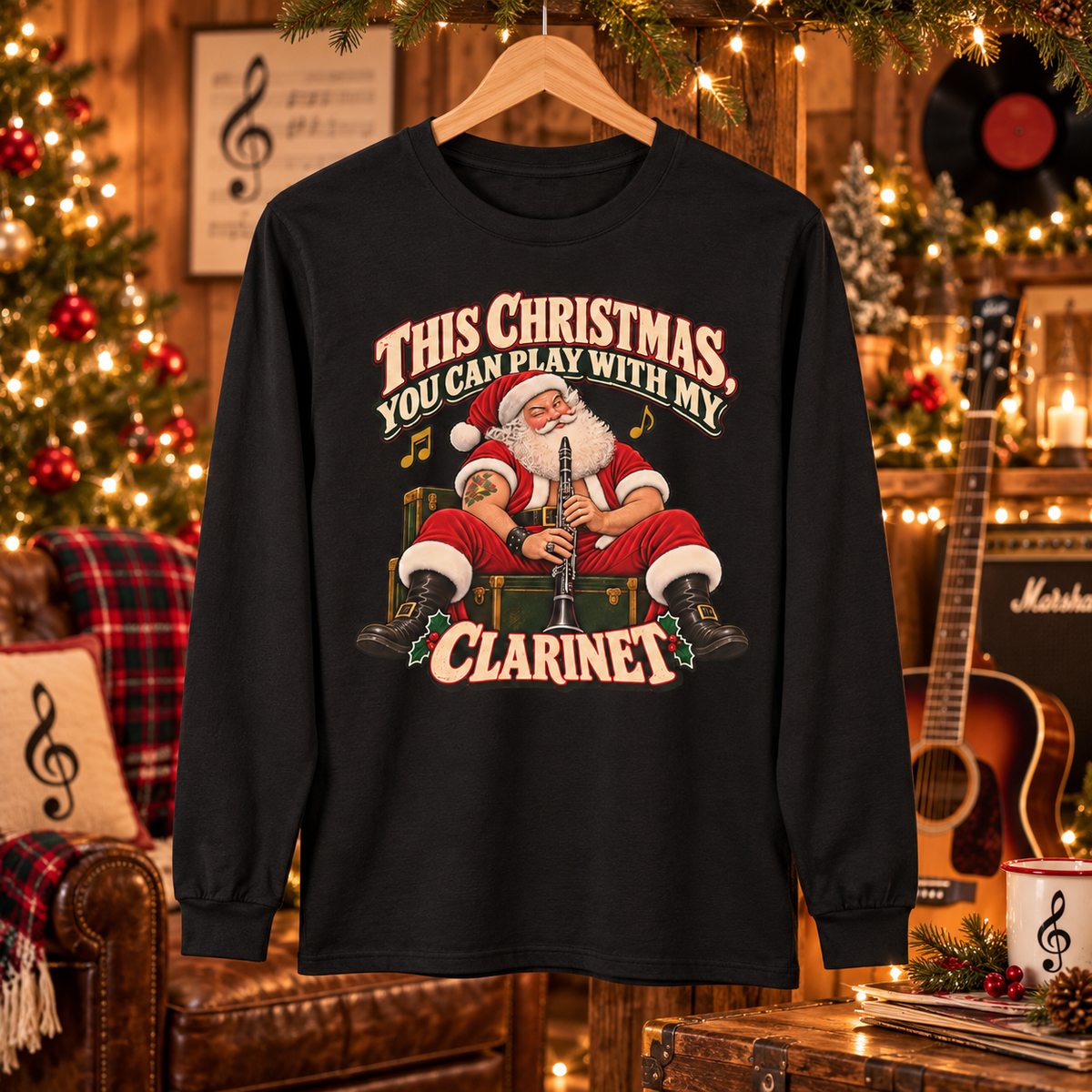 Play With My Clarinet | Santa Christmas Long Sleeve Tee