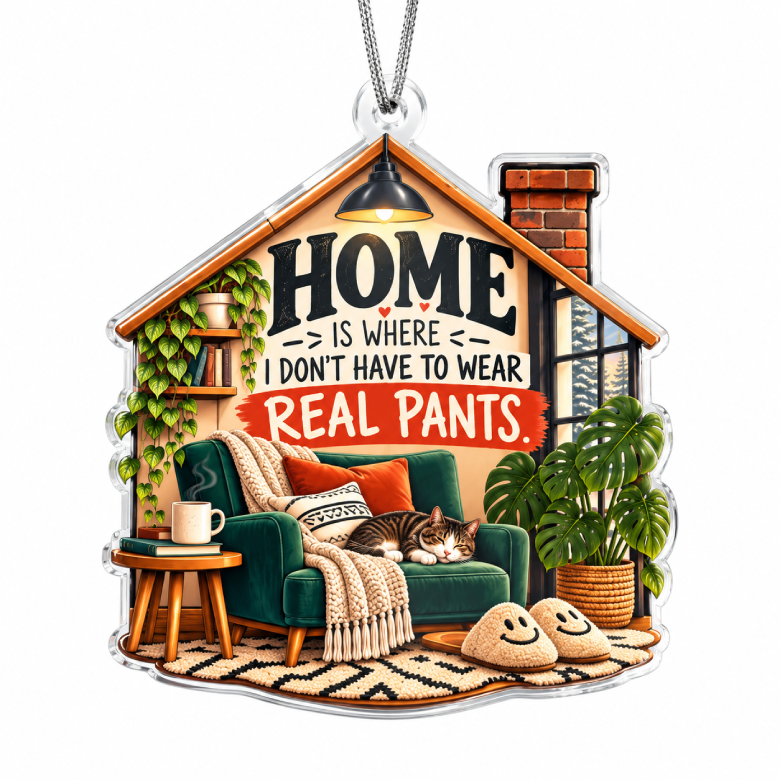 A house-shaped hanging ornament with a printed cozy living-room scene and the text “HOME IS WHERE I DON’T HAVE TO WEAR REAL PANTS.” A cat rests on a green armchair, with plants, pillows, a side table, and smiley-face slippers depicted around it.
