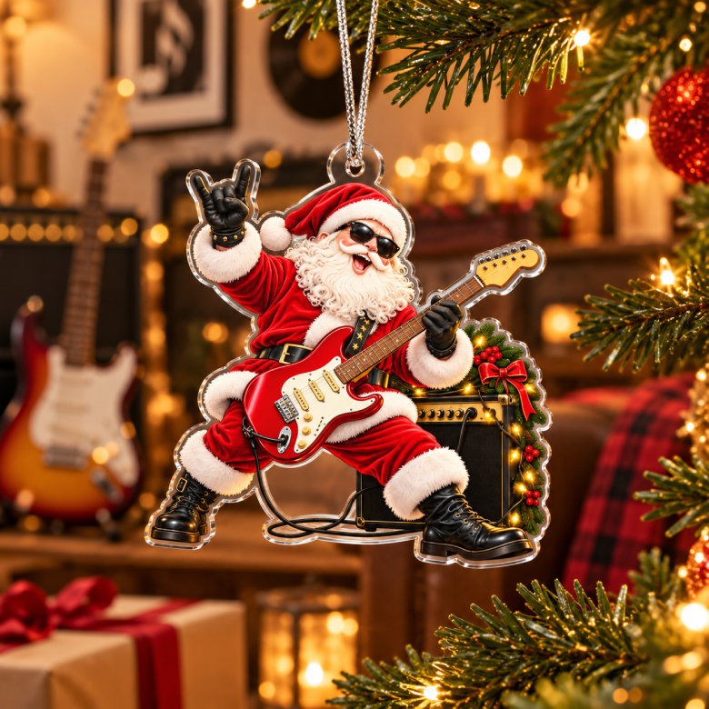 Electric Guitar Santa Acrylic Christmas Ornament