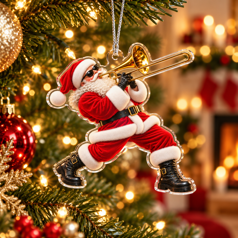Trombone Santa Acrylic Christmas Ornament