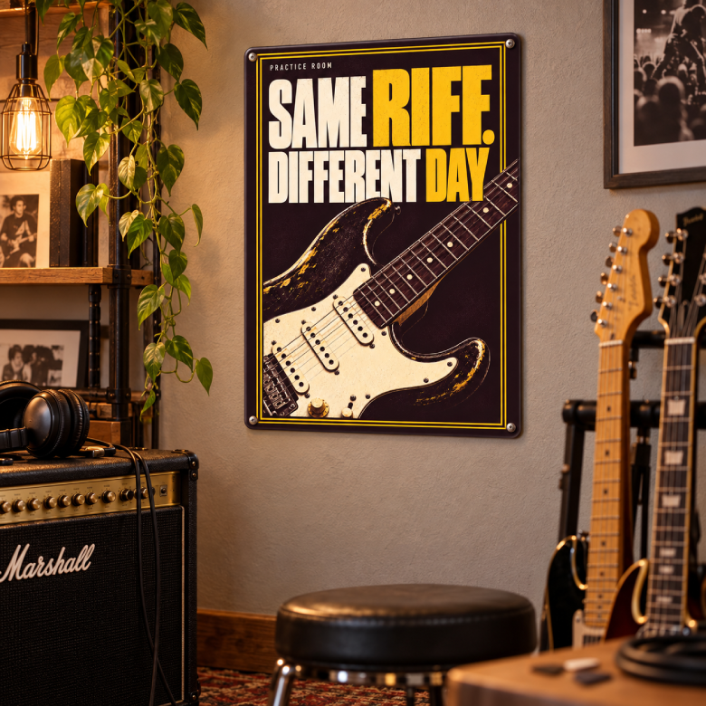 Same Riff. Different Day. — Guitar Practice Room Metal Sign
