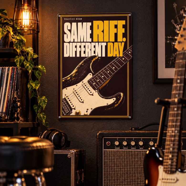 Same Riff. Different Day. — Guitar Practice Room Metal Sign