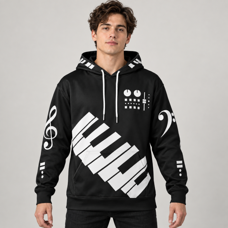 Black all-over-print music hoodie with diagonal white piano keys, synth-control graphic and white musical symbols