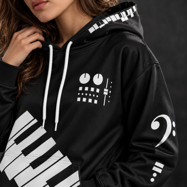 Back of black music hoodie with cascading white piano keyboard design and musical symbols on sleeves