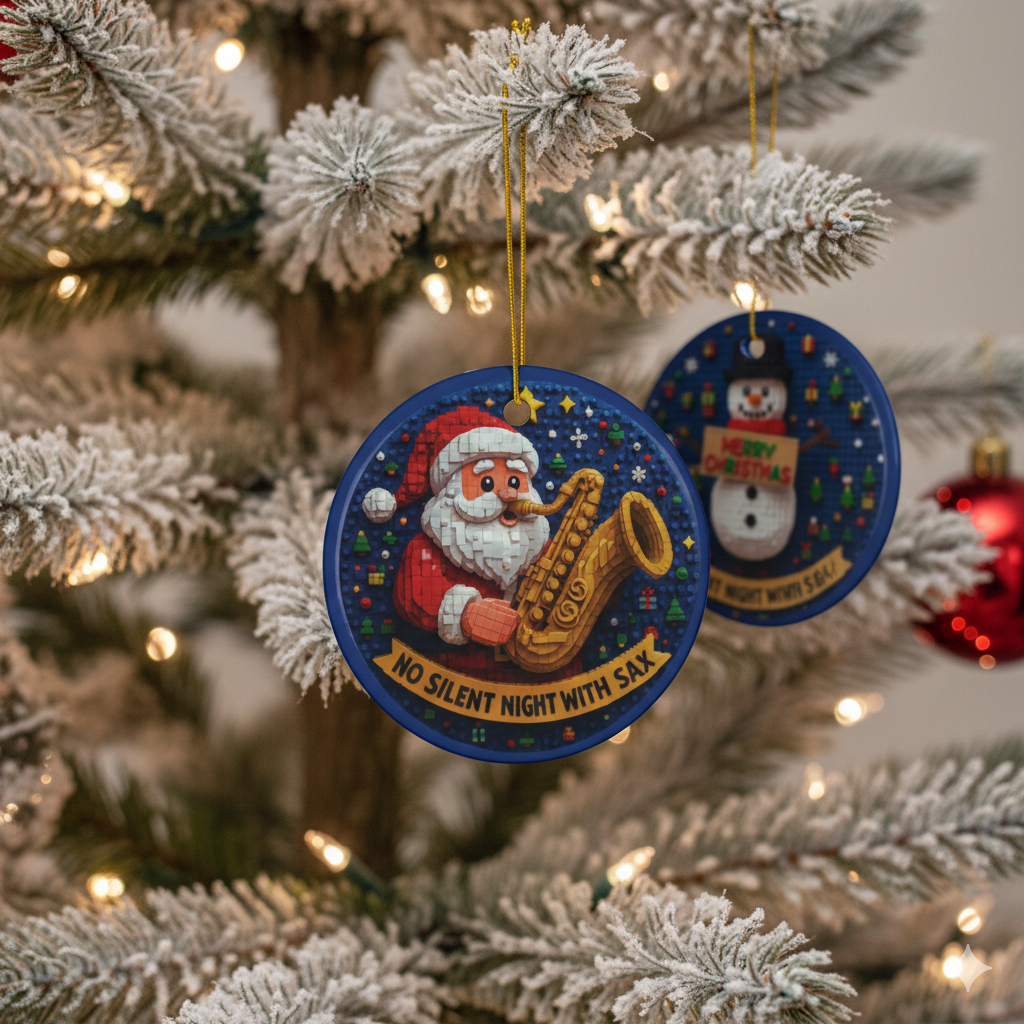 Ceramic Santa Sax & Snowman Ornament – Double-Sided “Merry Christmas” Holiday Decoration
