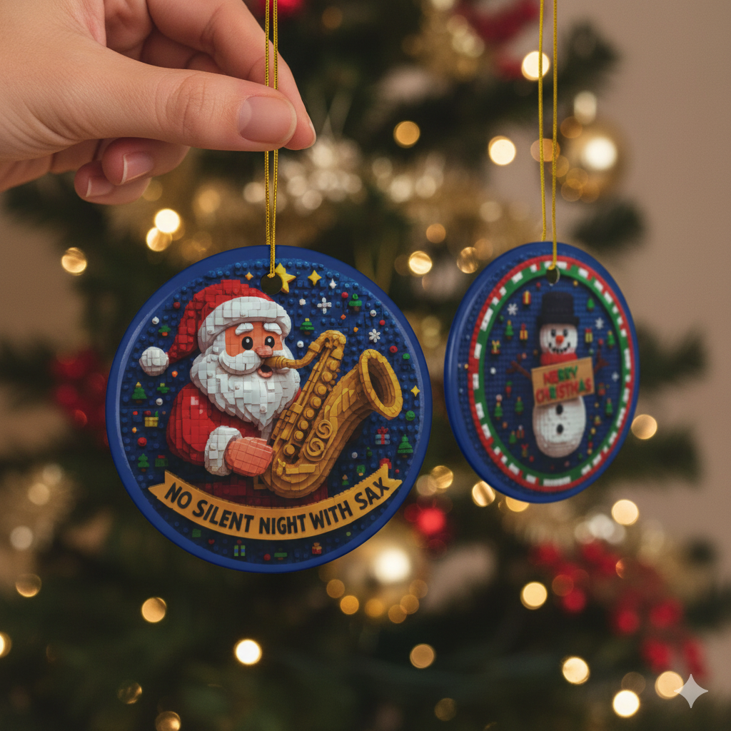 Ceramic Santa Sax & Snowman Ornament – Double-Sided “Merry Christmas” Holiday Decoration