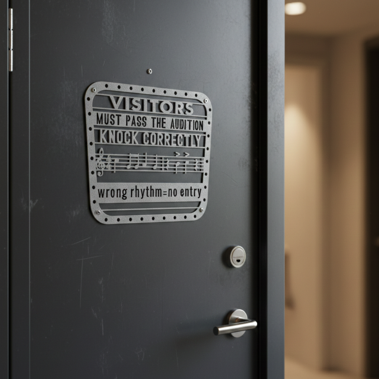 Musician Door Sign – “Visitors Must Pass The Audition” Funny Metal Door Sign Gift