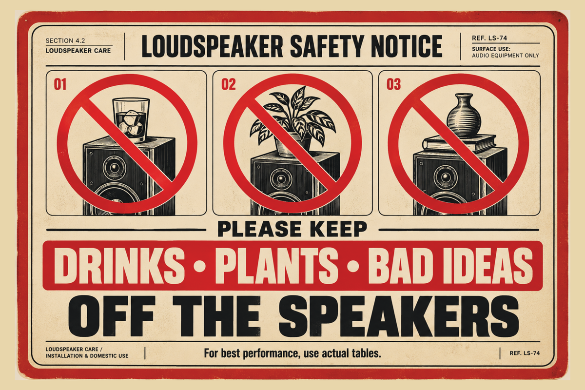 Keep Drinks, Plants & Bad Ideas Off the Speakers — Metal Sign