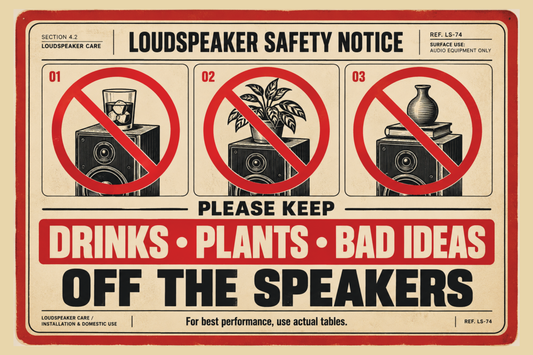 Keep Drinks, Plants & Bad Ideas Off the Speakers — Metal Sign
