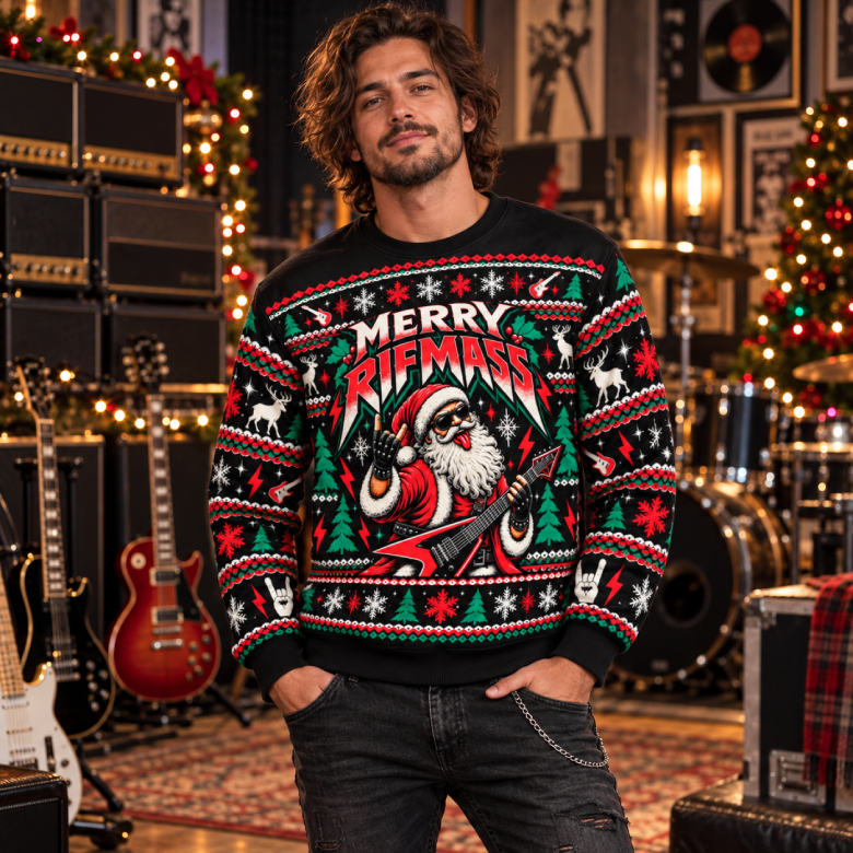 Merry Riffmass Reindeer Rock Santa Sweatshirt