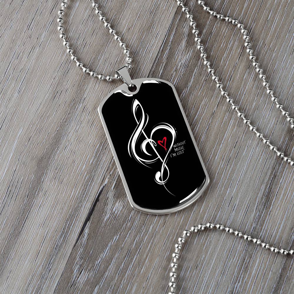 Without Music I'm Lost Black Dog Tag Necklace