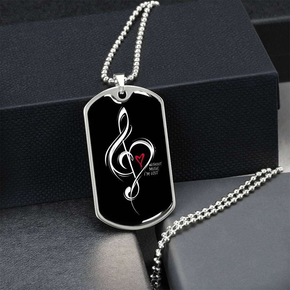 Without Music I'm Lost Black Dog Tag Necklace