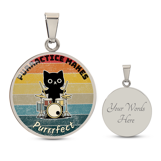 Music Cat Design Necklace – Drums   Personalized Back Engraving
