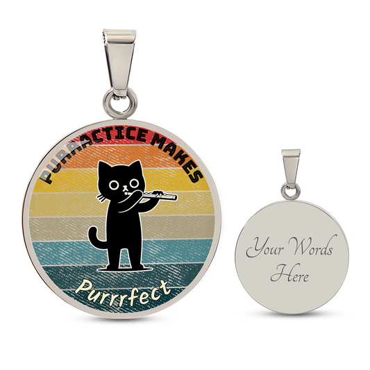 Music Cat Design Necklace – Flute   Personalized Back Engraving