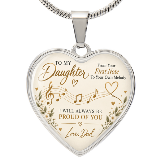 Silver music heart necklace for daughter with I Will Always Be Proud of You message from Dad