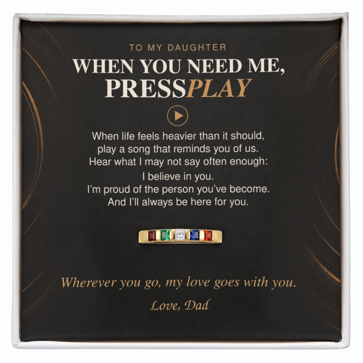 Gold birthstone ring for daughter with When You Need Me Press Play message card from Dad