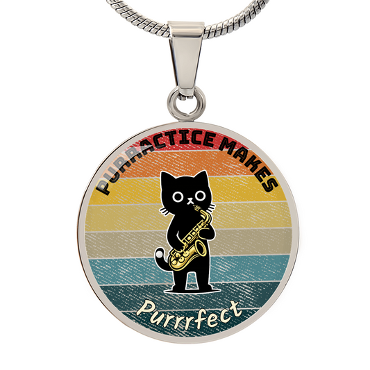 Music Cat Design Necklace – Saxophone   Personalized Back Engraving