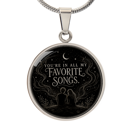 You’re In All My Favorite Songs silver pendant necklace with romantic couple and celestial music design