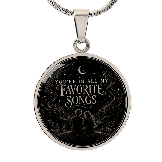 You’re In All My Favorite Songs silver pendant necklace with romantic couple and celestial music design