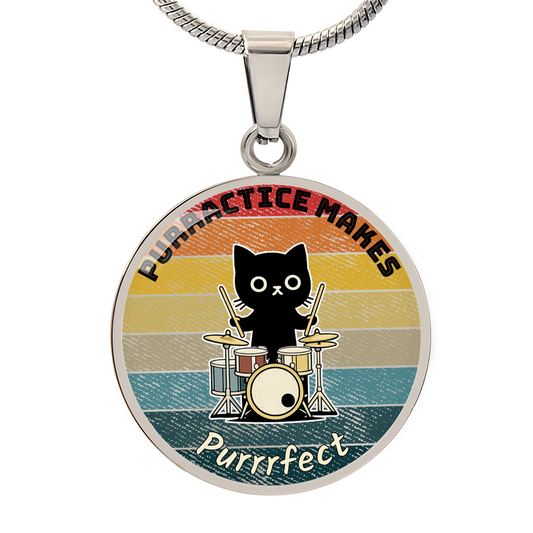 Music Cat Design Necklace – Drums   Personalized Back Engraving