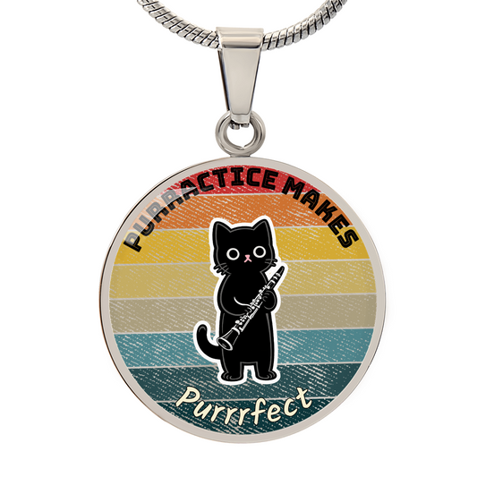 Music Cat Design Necklace – Clarinet  Personalized Back Engraving