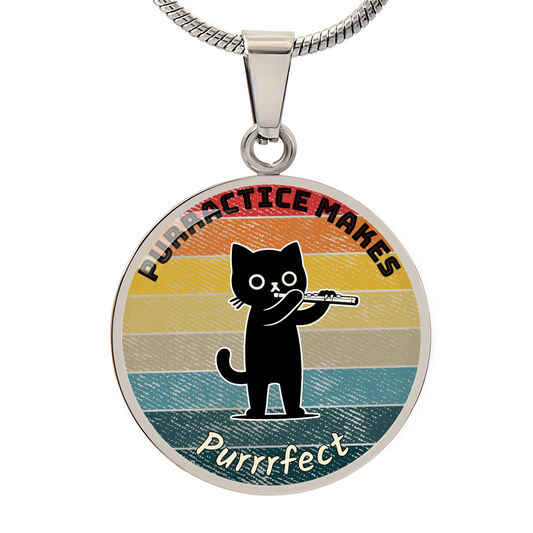 Music Cat Design Necklace – Flute   Personalized Back Engraving