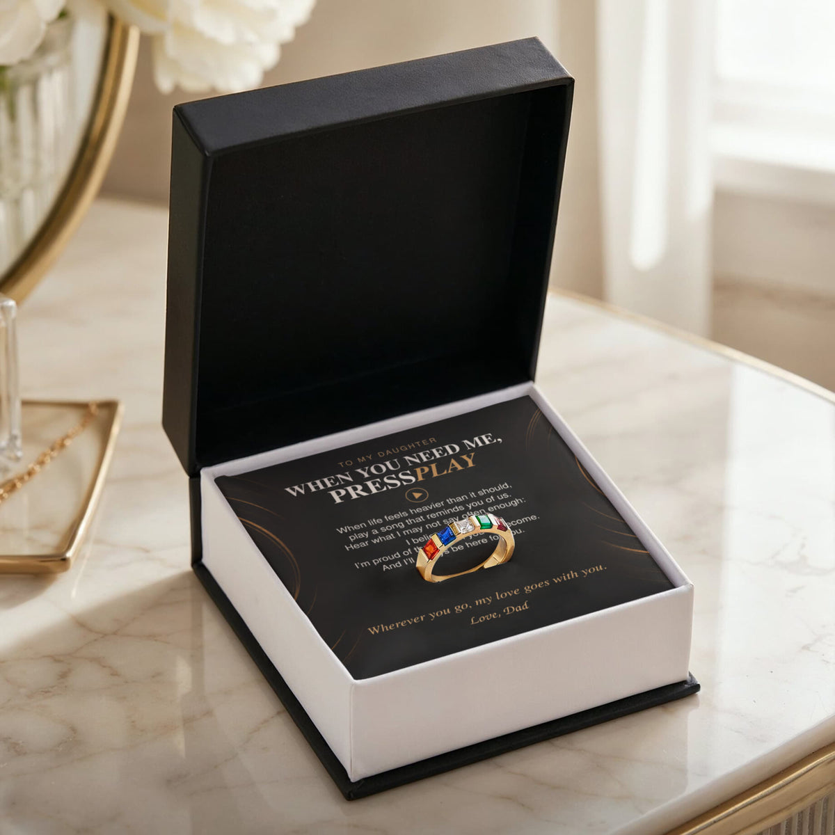 Personalized stackable birthstone ring in gift box with heartfelt music inspired message for daughter
